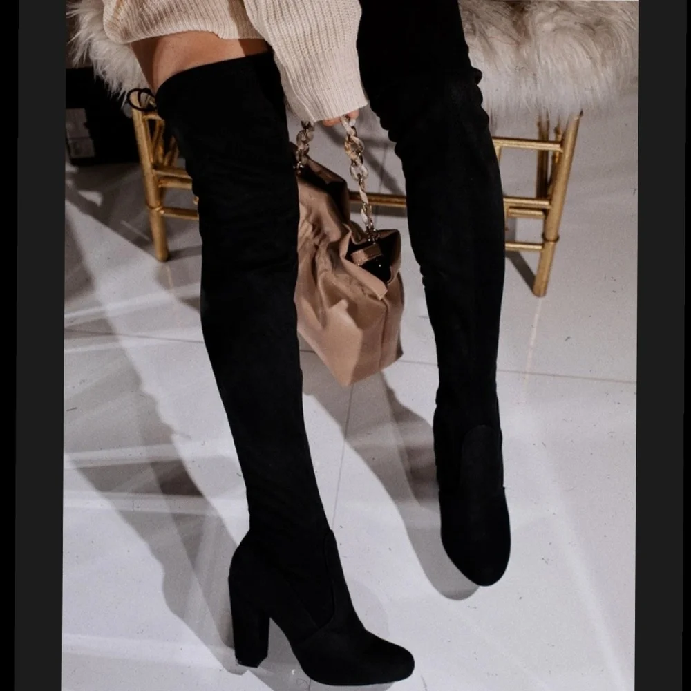Best Seller! 💋Boots over knee Black Vegan Suede - Picture 1 of 7
